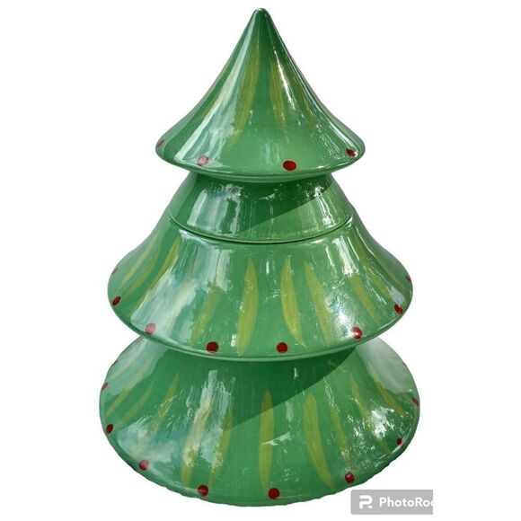 Sapota Vintage Ceramic Green Christmas Tree Cookie Candy Storage Jar - Picture 1 of 9
